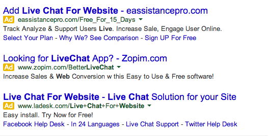 SERP for live chat for website